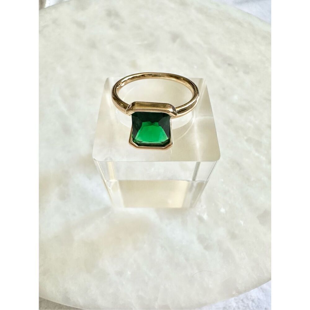Minimalist emerald Green elongated radiant cut mod style ring ￼